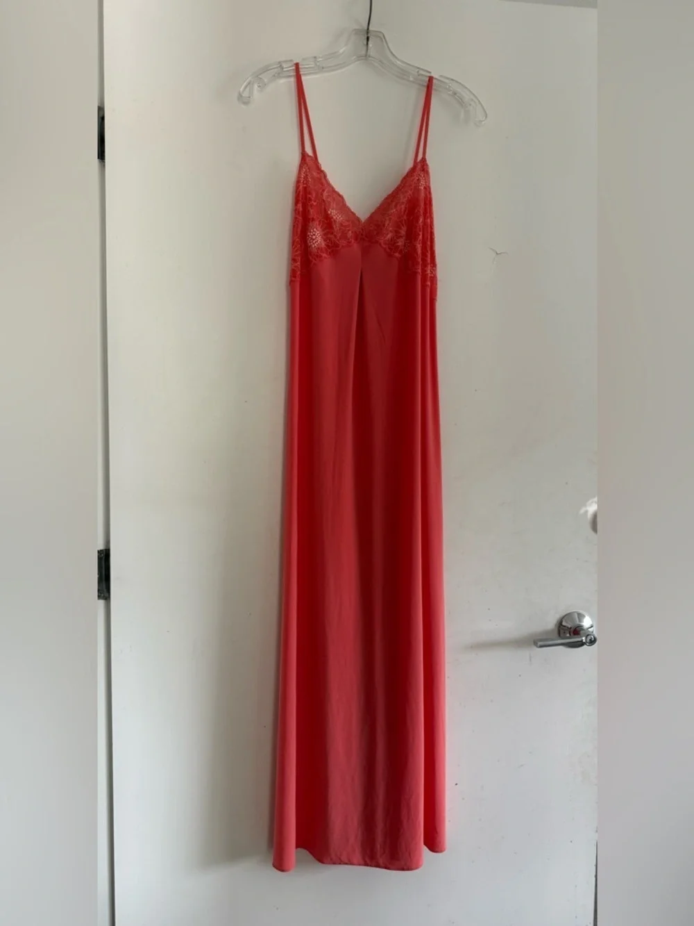 Josie Natori Lace Trim Maxi Slip Dress Coral Size M
